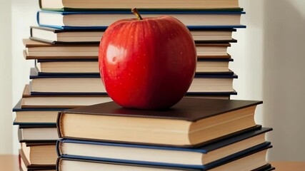 Red apple on stack of books. Symbol of knowledge, education, and learning. - Powered by Adobe