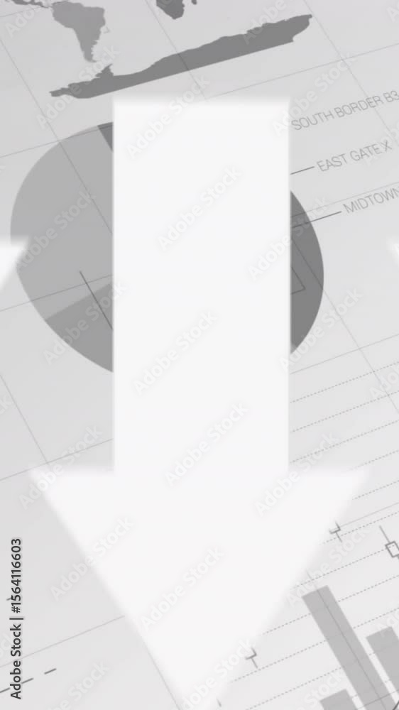 Poster animation of arrow icons moving downwards against statistical data processing on grey background