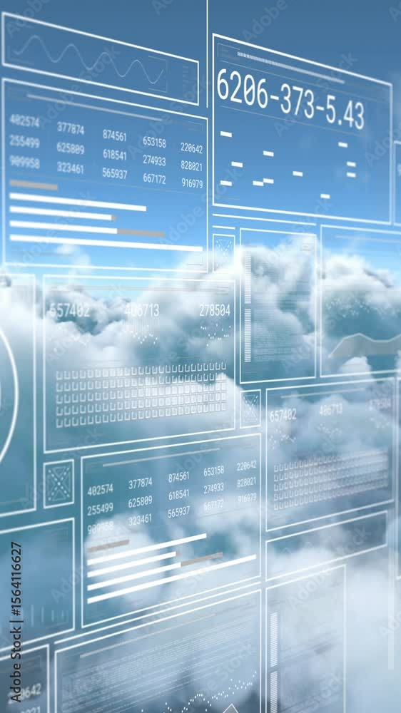Poster animation of interface with data processing against clouds in the blue sky