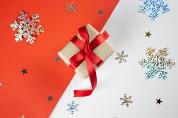 Christmas card. Red gift. Christmas top view