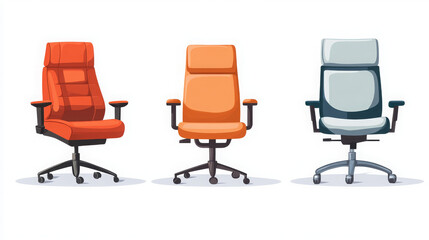 A set of colorful vector illustrations showing various office chairs from front, side, and back views. Includes wheelchair, manager chair, and armchair designs. 
