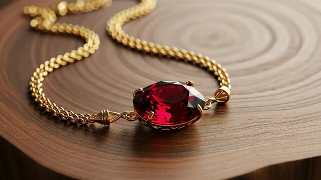 Elegant gold necklace with a large red ruby gemstone on a wooden surface. Luxury jewelry, gemstone, accessory.