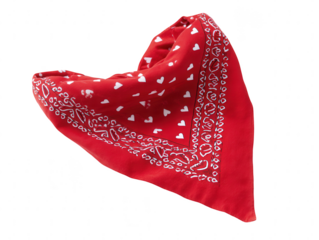Red bandana with a classic paisley pattern, tied in a knot, isolated on a white background