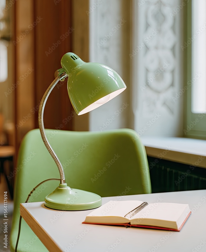 Poster a pale green desk lamp illuminates an open notebook resting on a light table beside a matching chair