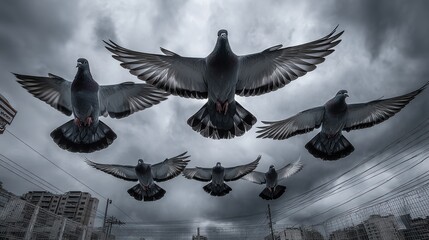 Pigeons flying in formation under dark stormy clouds creating a dramatic scene