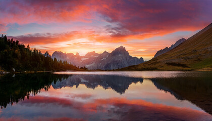 Fototapeta premium serene lake reflection a captivating natural vista unfolds with majestic mountains mirrored in a tranquil lake the sky erupts in a breathtaking sunset panorama