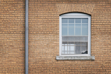 White Window With Fraying Screen in Brick Wall