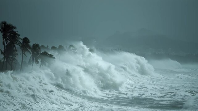 Massive ocean waves crash on shoreline during a tropical storm, power of nature, disaster and climate change concept footage.