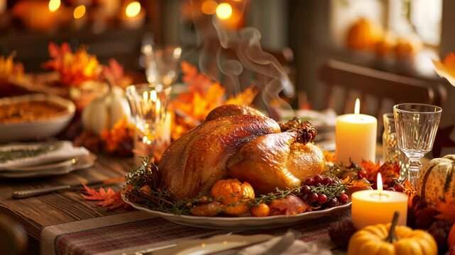 Thanksgiving dinner table scene with roasted turkey, pumpkins, and candles for autumn holiday celebration footage. - Powered by Adobe