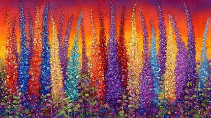 Fototapeta premium Vibrant Sunset Delphinium Field Impressionistic Painting