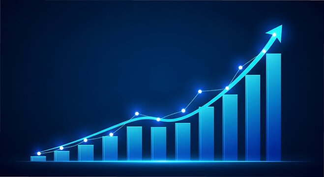Glowing blue arrow graph shows upward trend with increasing bar chart on dark background