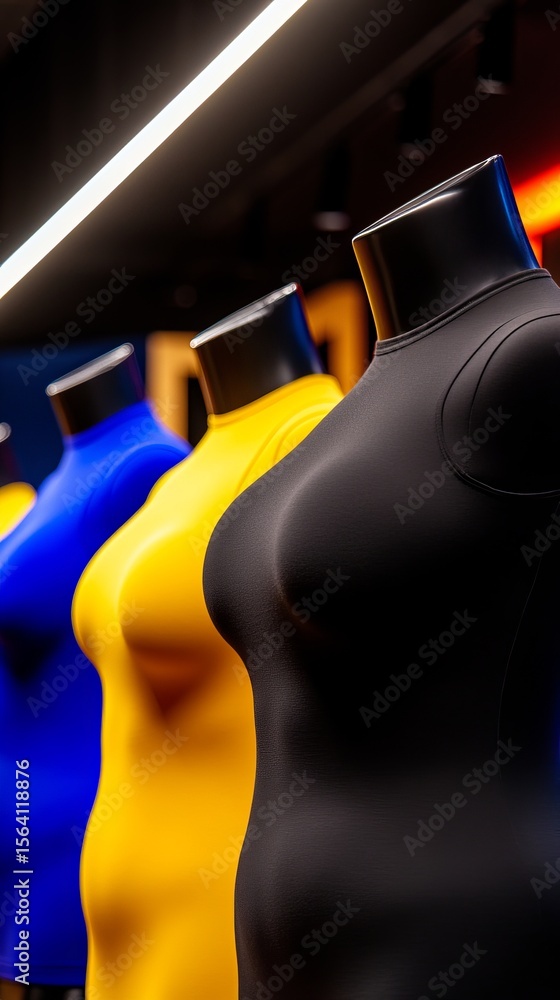 Poster mannequins displaying vibrant colors stand in a row under bright lights with a dark background, show