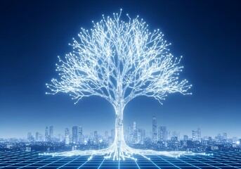 Glowing digital tree of light circuits connects to a futuristic city skyline at night