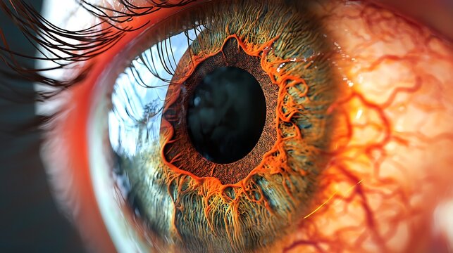 Hyper-detailed macro of human eye with bright orange iris and clear reflections. Promotes awareness of vision conditions during AMD Low Vision Awareness Month