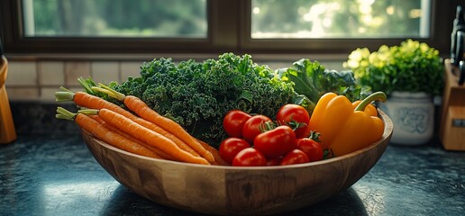 Fresh Harvest: Vibrant Vegetables in Wooden Bowl by Window Light