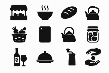 Black icons on white background for regional cuisine. Minimal vector for cultural tourism.