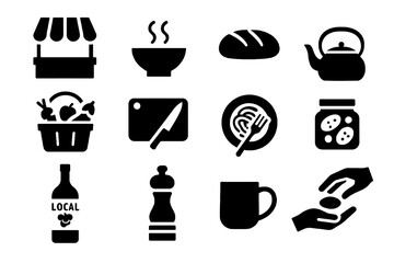 12 black local food icons on white. Vector for slow, authentic culinary trips.