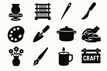 Black icons on white background for artisanal travel. Minimal vector for authentic trips.