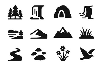 12 black nature destination icons on white. Vector for slow travel and hidden gems.
