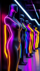 Mannequins stand in a row with vibrant neon lights outlining their forms within a dark futuristic showroom.