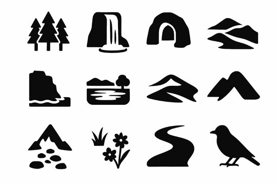 Black icons on white background for natural spots. Minimal vector for offbeat trips.