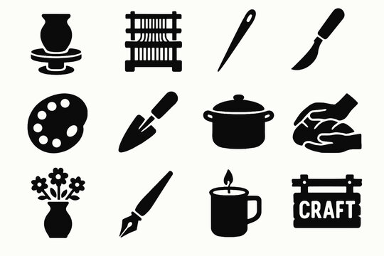 Black icons on white background for artisanal travel. Minimal vector for authentic trips.