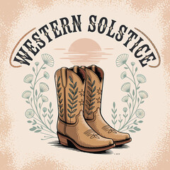 Graceful tan cowboy boots graphic with western floral accents evokes a rustic, country style, suitable for product labels, creative projects, and event branding with a summery sunset.