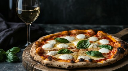 Freshly baked margherita pizza with mozzarella and basil paired with a glass of white wine in a cozy setting