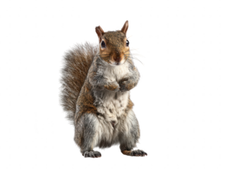 Portrait of an alert Eastern gray squirrel standing upright on its hind legs, isolated on a white background