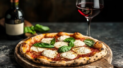 Margherita pizza served with red wine and fresh basil in a cozy setting