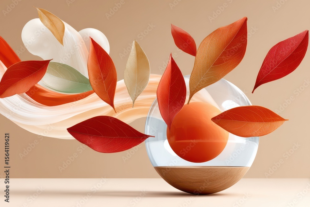 Poster abstract art of floating leaves and spheres on textured background