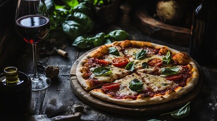 Delicious Margherita pizza served with red wine on a rustic wooden table with fresh ingredients