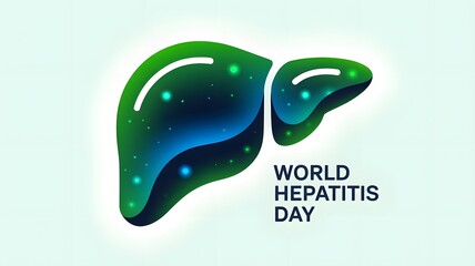 Stylized illustration of a healthy green liver with glowing particles for world hepatitis day