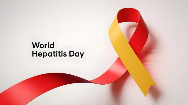 World hepatitis day awareness ribbon in red and yellow colors with text