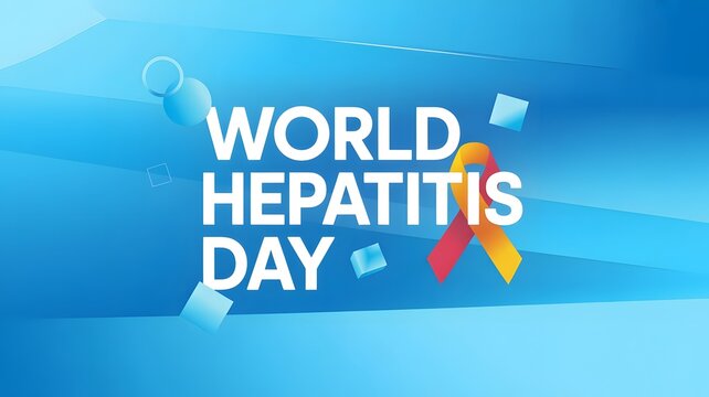 World hepatitis day awareness campaign with red and yellow ribbon on blue background