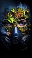 Person wearing a gas mask covered in moss and plants with blue eyes is partially obscured by smoke.