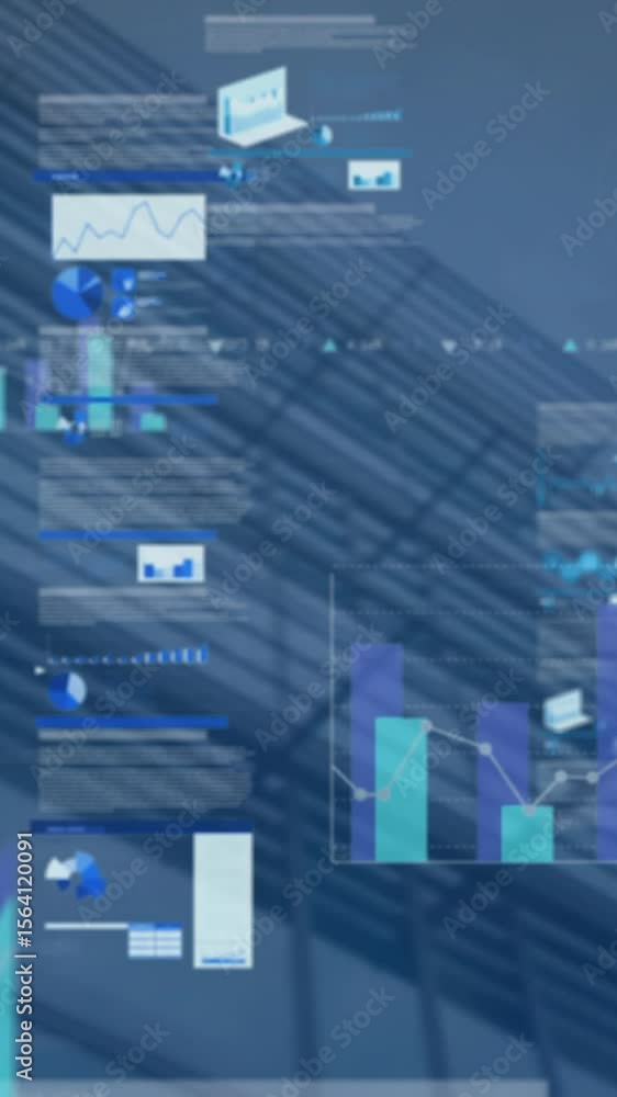 Poster animation of statistical data processing against low angle view of tall building