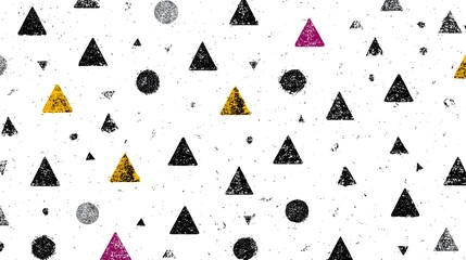 Abstract pattern of triangles and circles in black gold pink and gray.