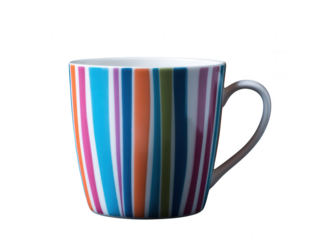 Colorful striped ceramic mug with handle isolated on a white background, perfect for coffee or tea