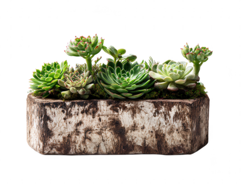 A beautiful arrangement of various succulents in a rustic rectangular planter, showcasing diverse textures and shades of green and red.