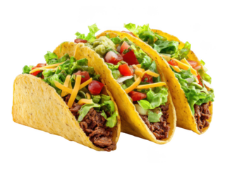Delicious Tacos Filled with Savory Meat, Fresh Lettuce, Tomatoes, and Cheese on a White Background