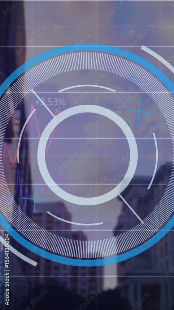 Aufkleber animation of scope scanning and financial data processing over cityscape
