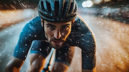 Intense Cyclist Faces Rain: Determined, Focused, Wet, Close-Up, Sporty, Dynamic, Action Shot.