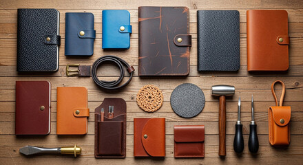 Flat lay of handcrafted leather goods and artisan tools, including notebooks, wallets, and a belt, on a rustic wooden table.