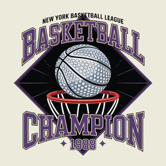 A dynamic graphic showcases a basketball champion design element, perfect for sports apparel, logos, and banners with a vintage eighties inspired motif and a New York basketball league.