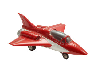 Retro red and white toy jet airplane with white wheels isolated on a white background