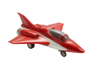 Retro red and white toy jet airplane with white wheels isolated on a white background