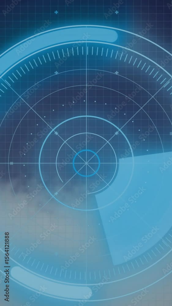 Poster animation of round scanner and statistical data processing over grid network against blue background
