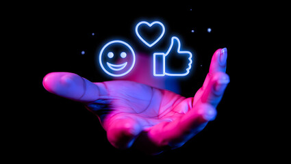 Neon Hand Holding Positive Feedback Icons: Love, Smile, Thumbs Up; Abstract, Futuristic, Digital Concept