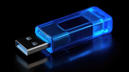 Translucent blue USB flash drive rests on a reflective black surface, showcasing its metallic connector and sleek design
